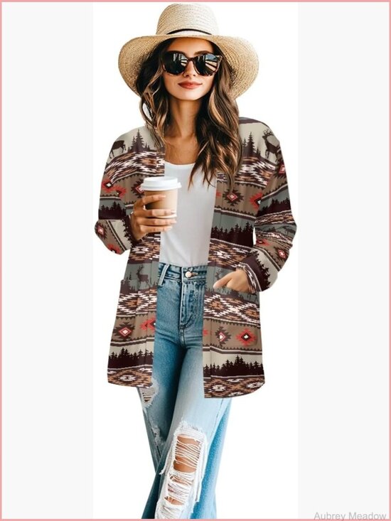 Sweaters - Women's Aztec Open-Front Jacket Lightweight Casual Cardigan Long Sleeve